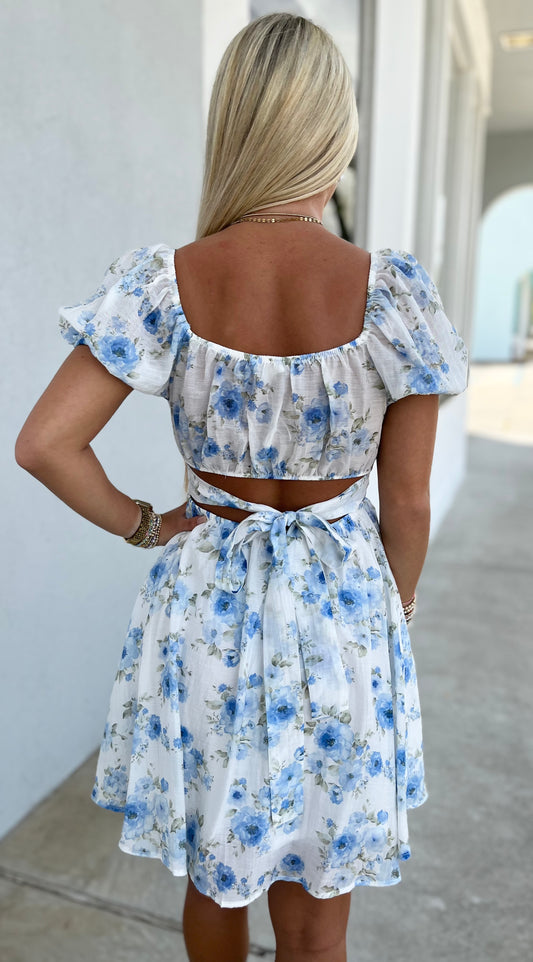 Blue Floral Corset Detail Back Tie Mini Dress