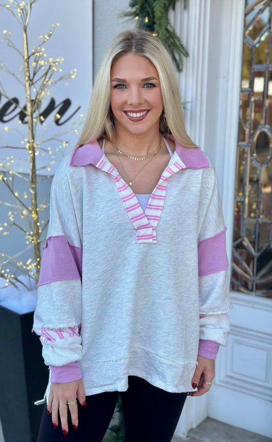 Ash Grey/Pink French Terry Color Block Top
