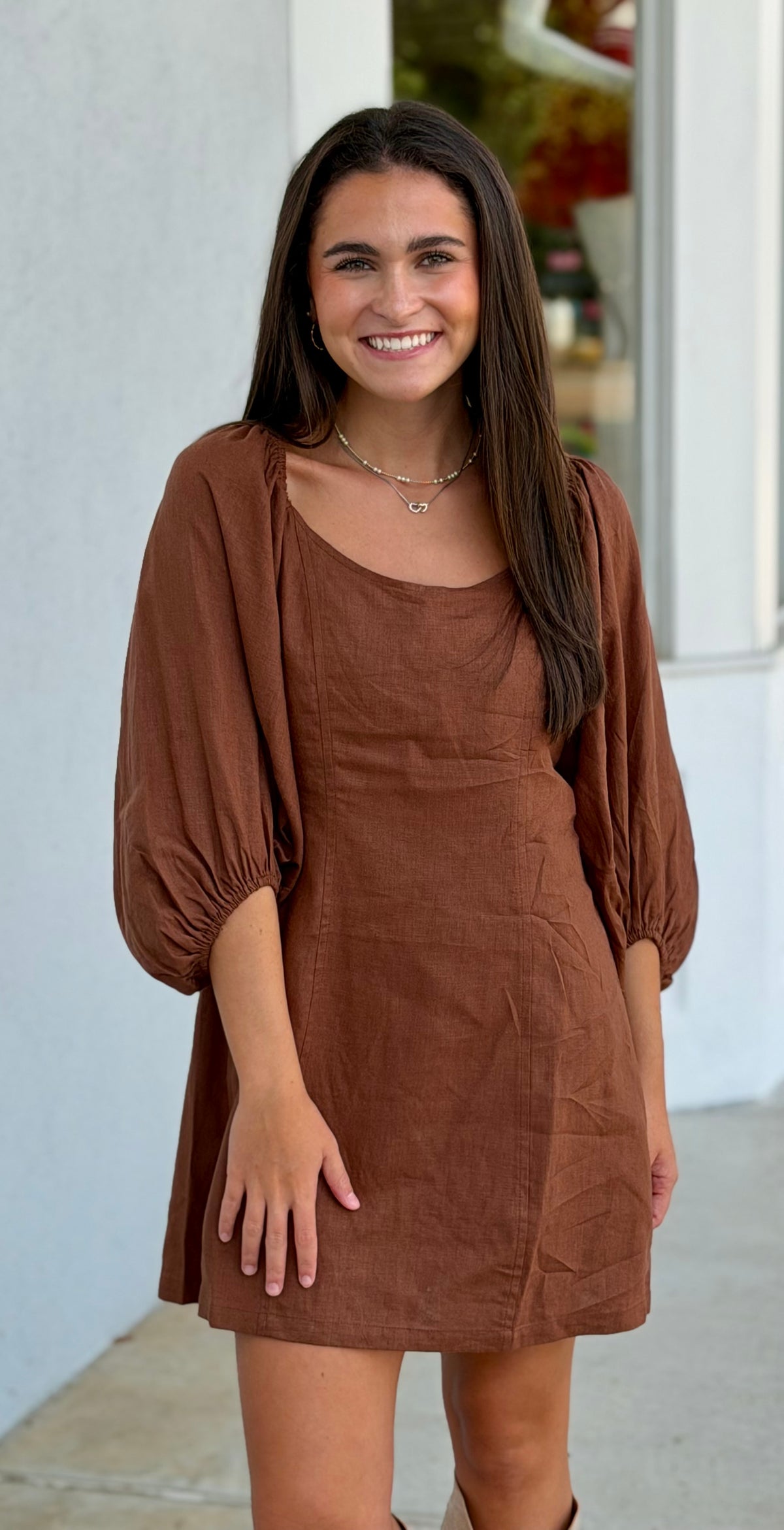 Brown Open Back Puff Sleeve Mini Dress