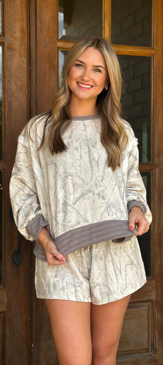Camo Print Raw Edge Pullover