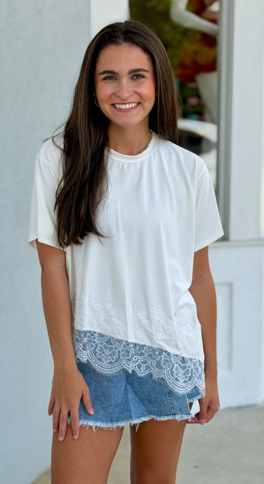 Asymmetrical Lace Trim Top , White