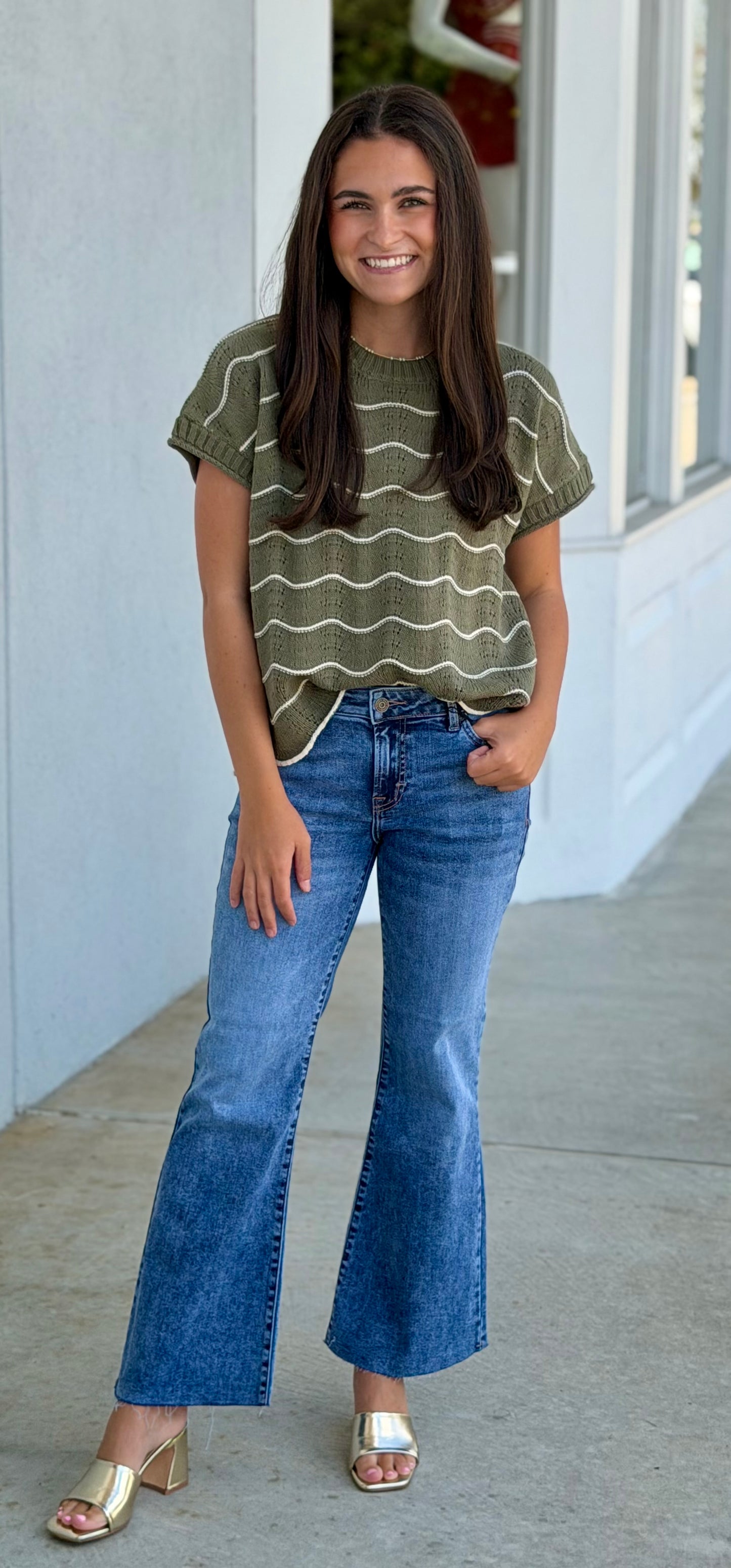 Olive Scallop Striped Sweater Top