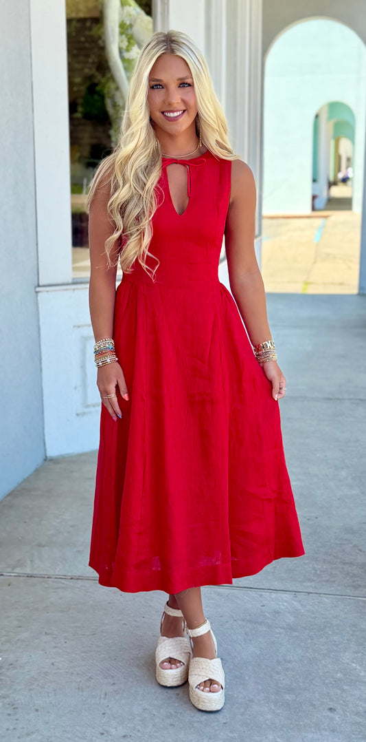Red Barb Linen Neck Tie Maxi Dress
