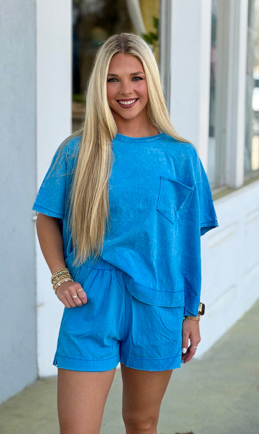 Acid Wash Top & Shorts SET, Deep Sky