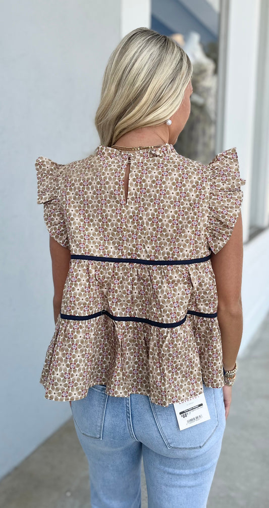 Floral Printed Ruffle Mock Neck Top