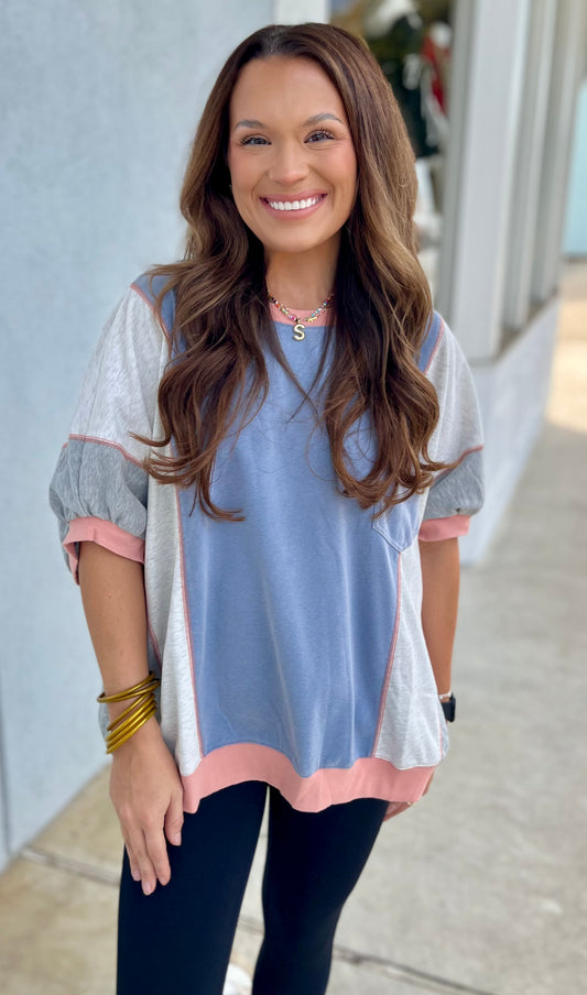 Short Sleeve Color Block Pullover , Denim Grey