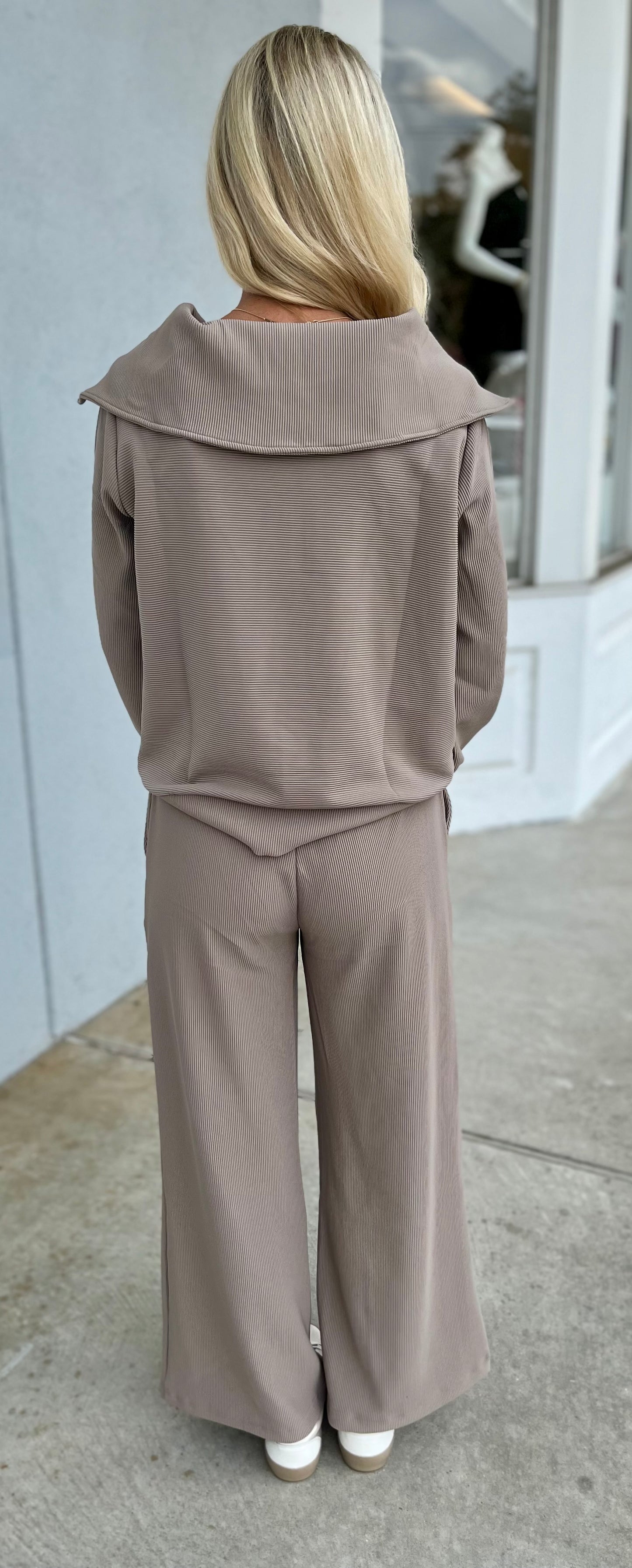 Ribbed High Neck Half Zip Top & Pants SET, Ash Mocha