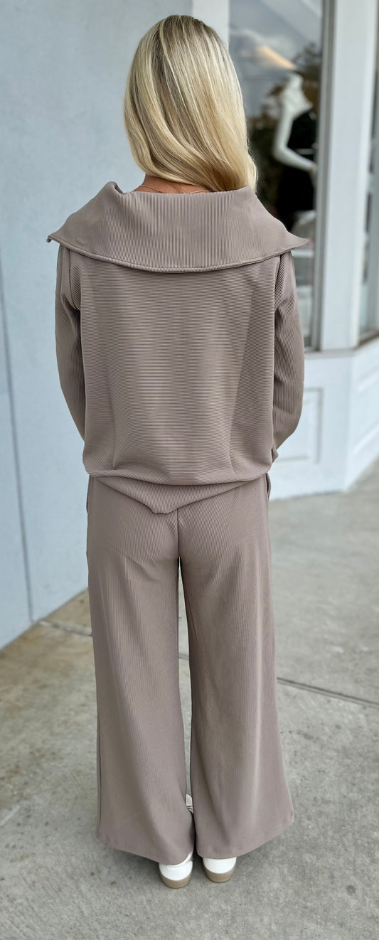 Ribbed High Neck Half Zip Top & Pants SET, Ash Mocha