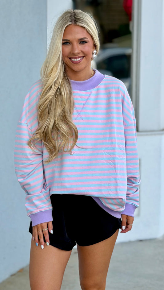 Pink/Blue Mock Neck Striped Sweatshirt