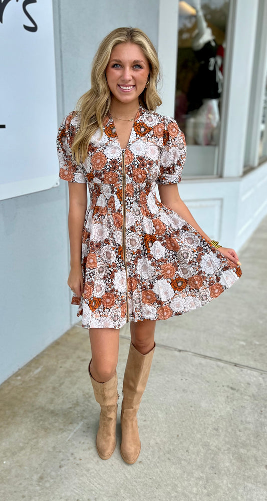 Floral Front Zip With Smocked Waist Dress