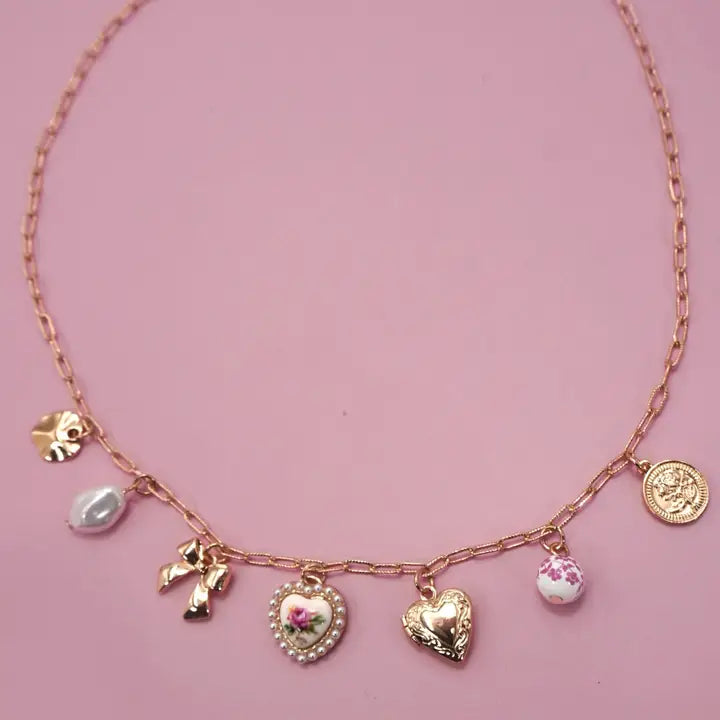 Ceramic Porcelain Bow Heart Charm Necklace