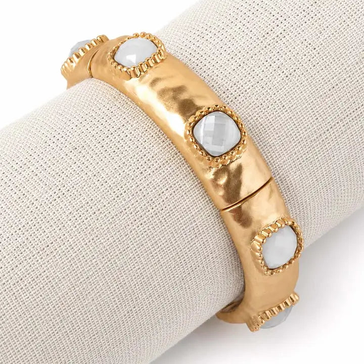 Hammered Gold with White Stone Stretch Bracelet