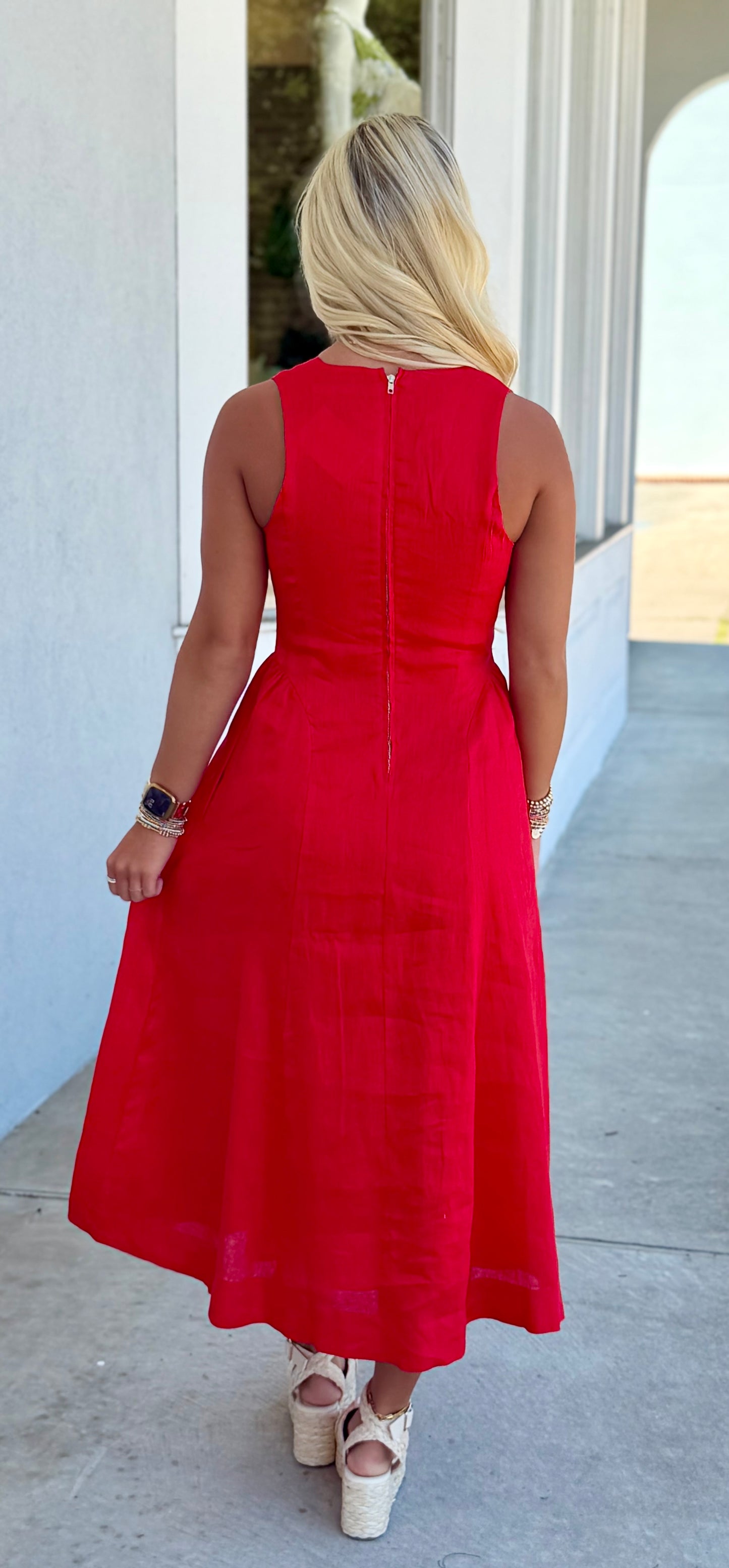 Red Barb Linen Neck Tie Maxi Dress