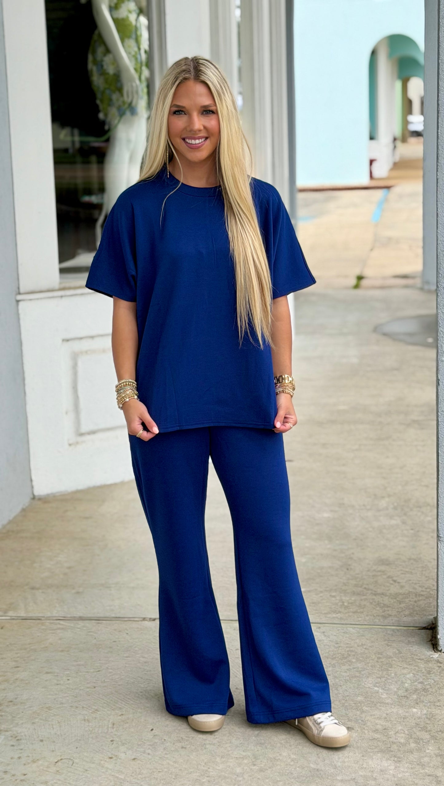 Scuba Curved Hem Top and Pant SET, Navy