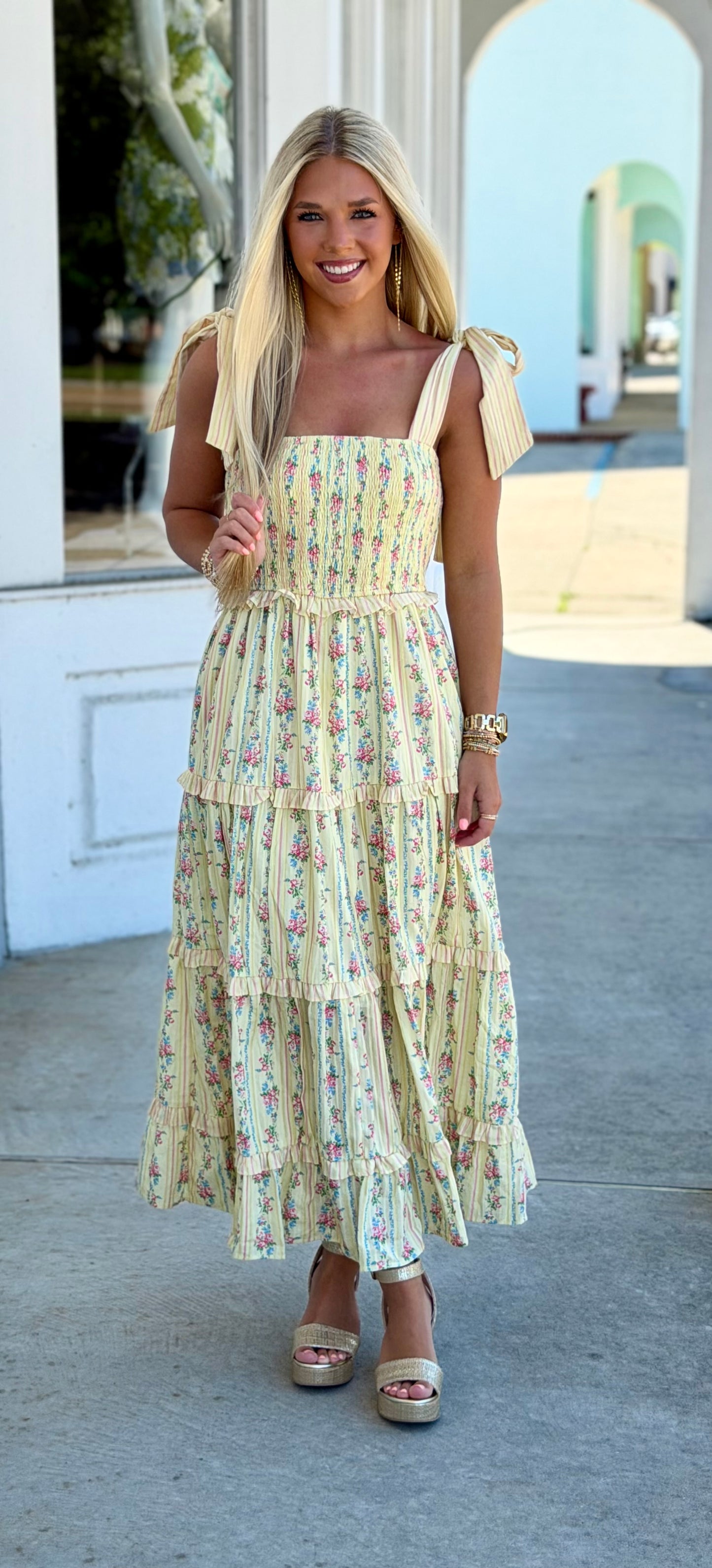 Light Yellow Multi Stripe Floral Print Bowtie Tier Maxi