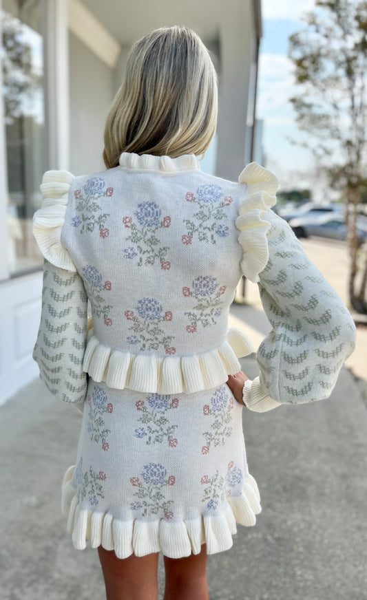 Floral Jacquard Knit Top and Skirt SET