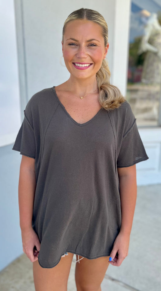 V Neck Pocket Top, Carbon
