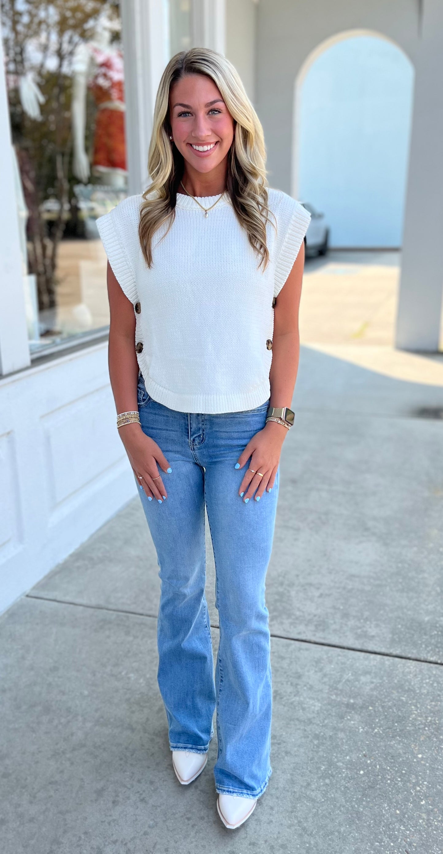 Cream Round Neck Hi-Lo Sweater With Side Buttons