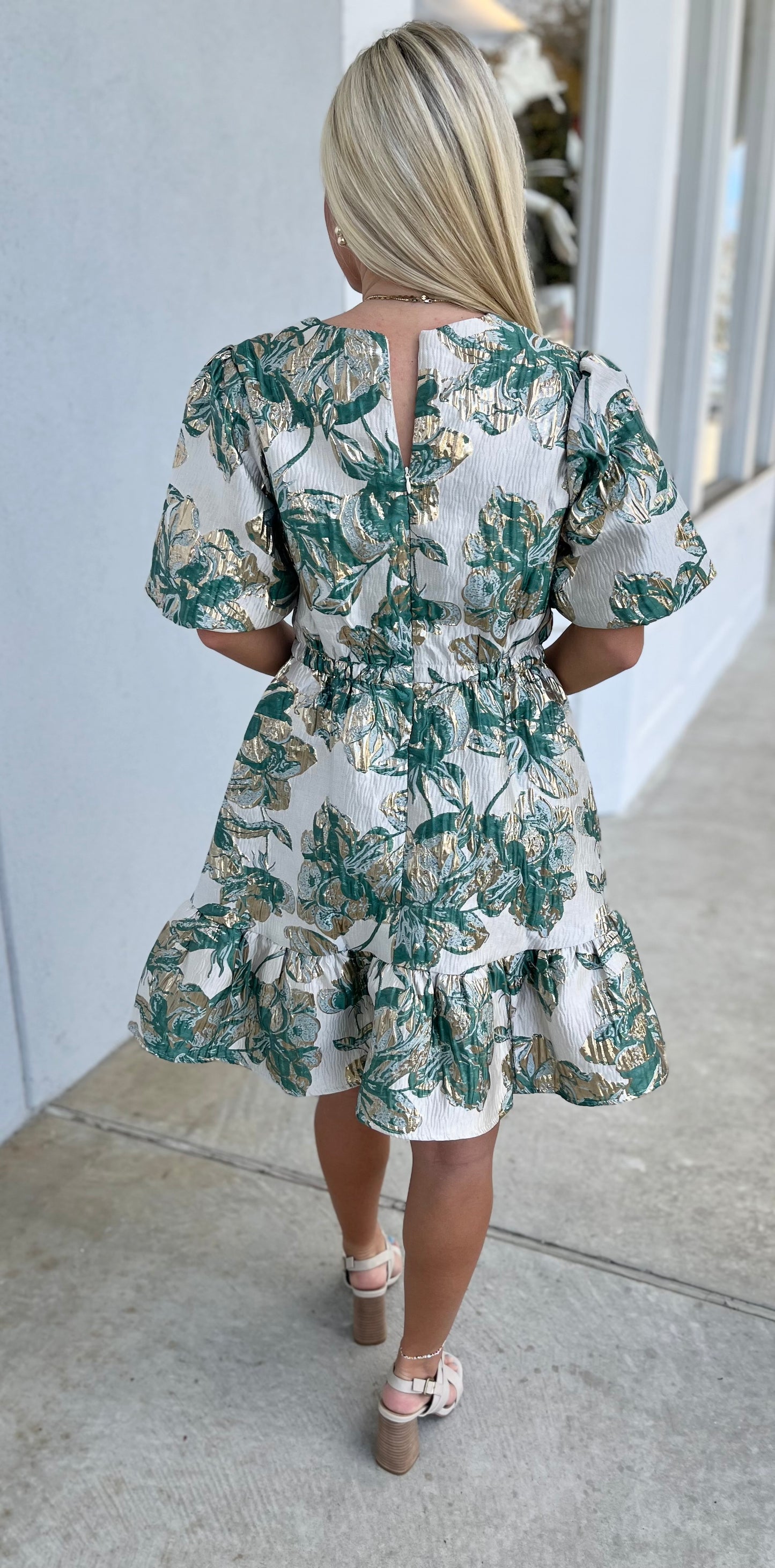 Jacquard Puff Sleeve V Neck Dress , Green/Gold