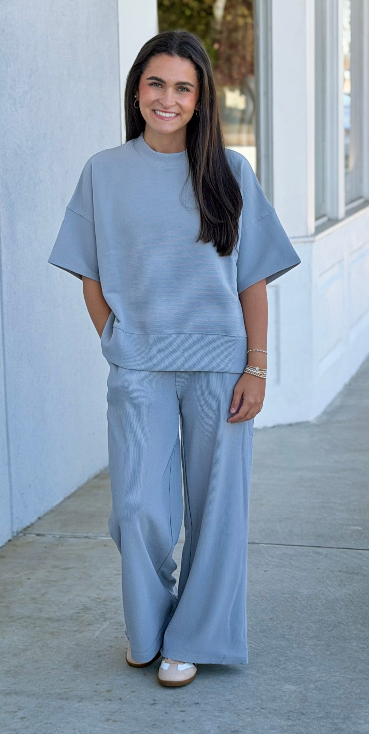Ribbed Round Neck Tee and Pant SET, Lt Grey
