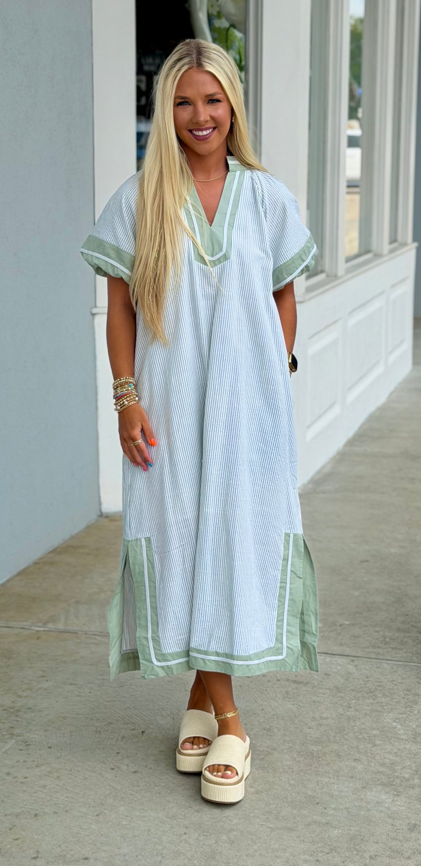 Sage Pinstripe Midi Dress