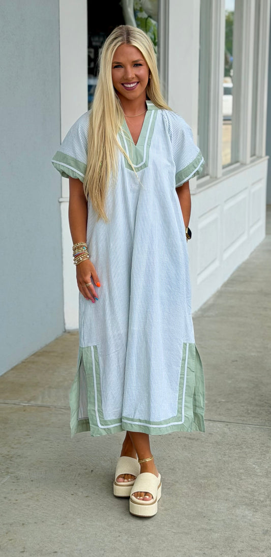Sage Pinstripe Midi Dress