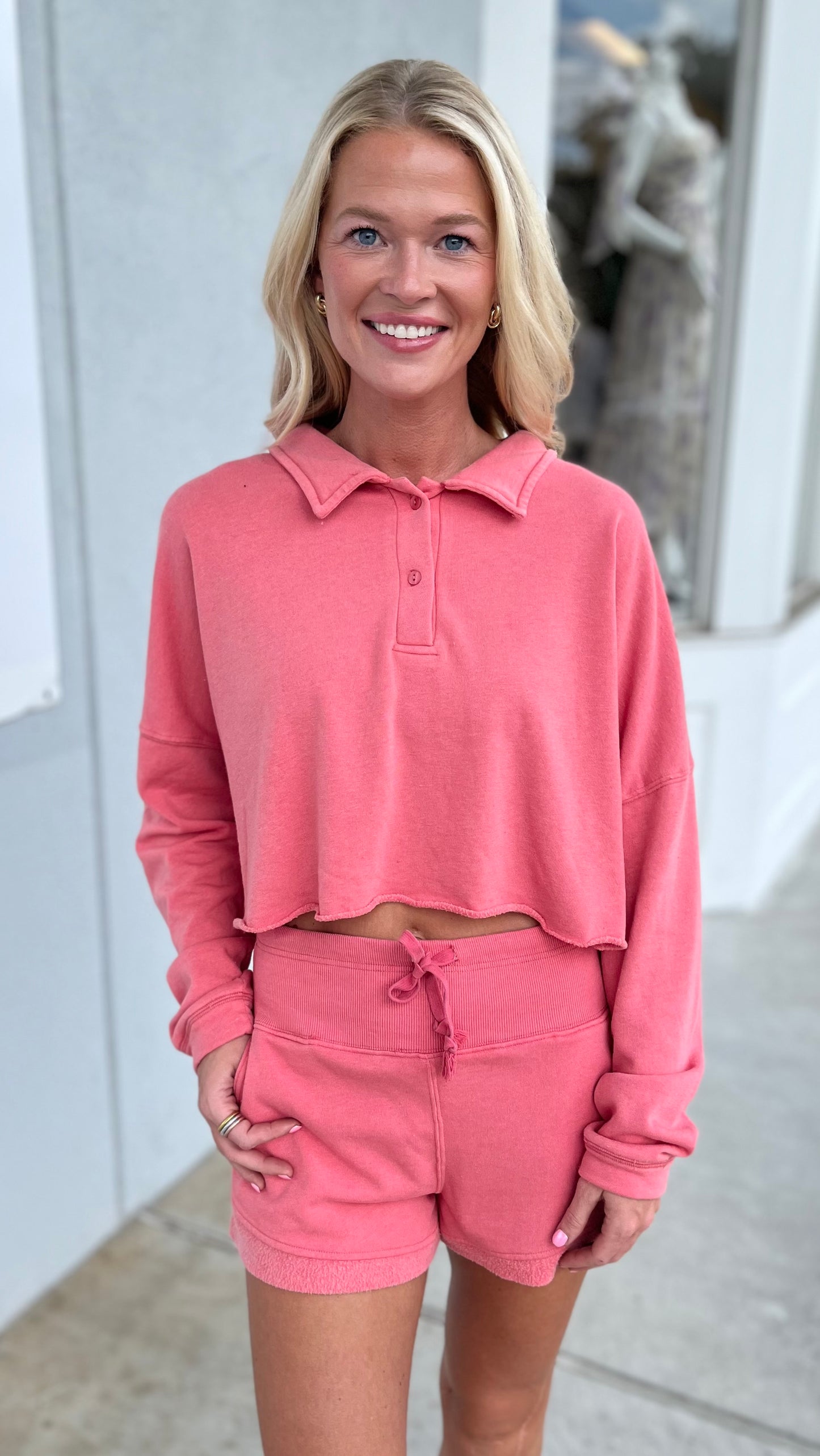Coral Pink Cropped Henley Sweatshirt Short Set