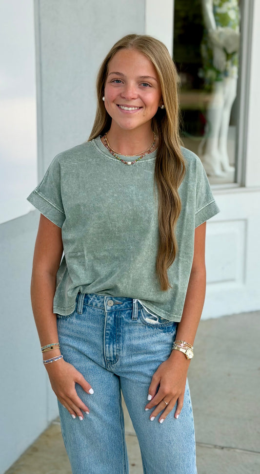 Olive Washed Boxy Knit Top