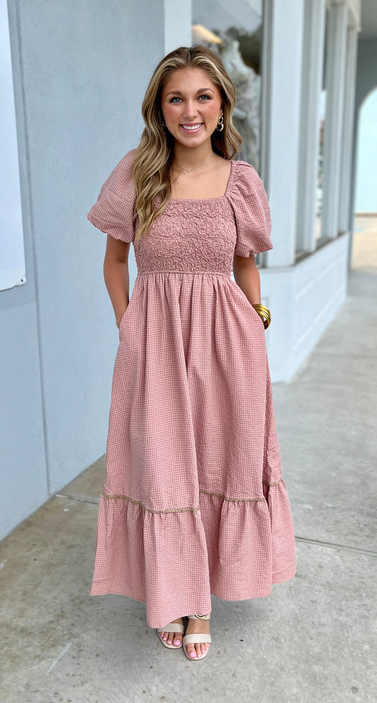 Dusty Rose Bubble Sleeve Maxi Dress