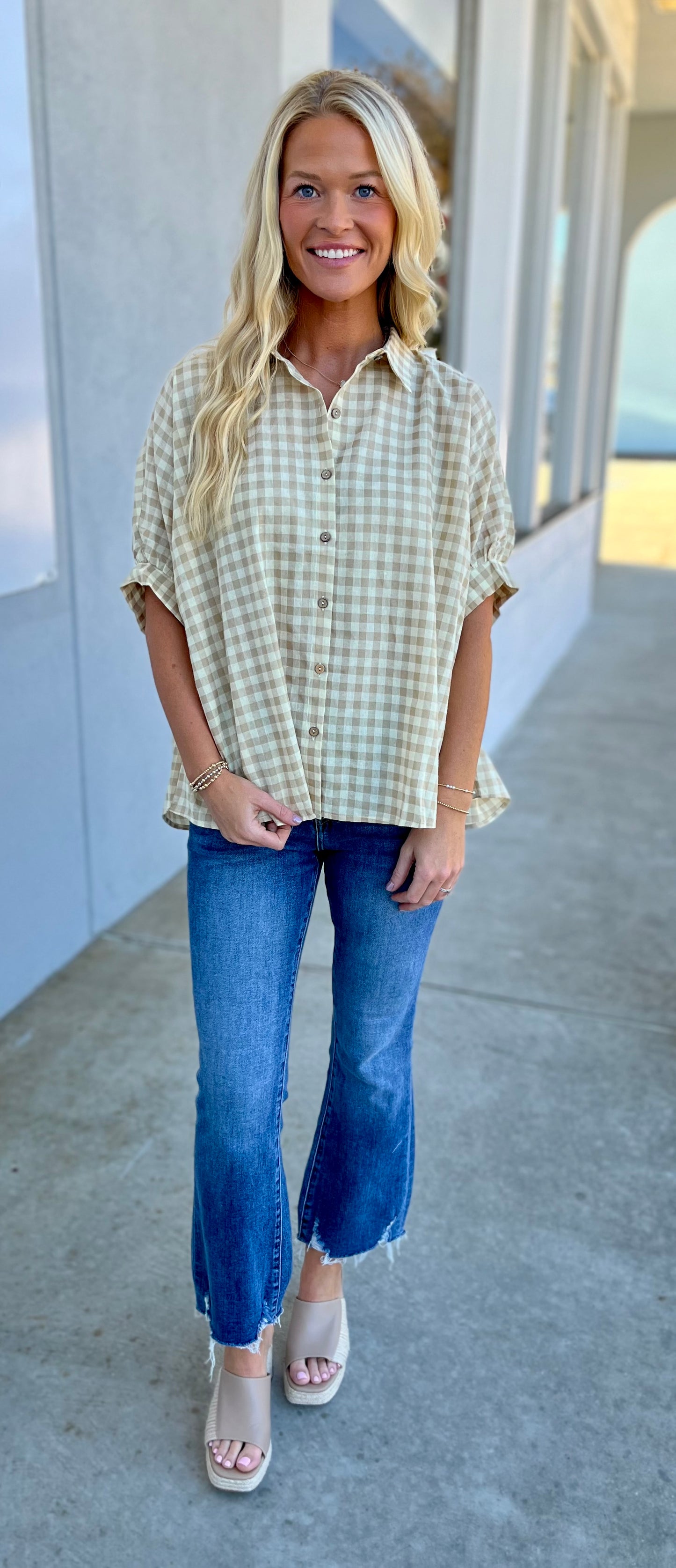 Sand Button Down Textured Gingham Oversized Top