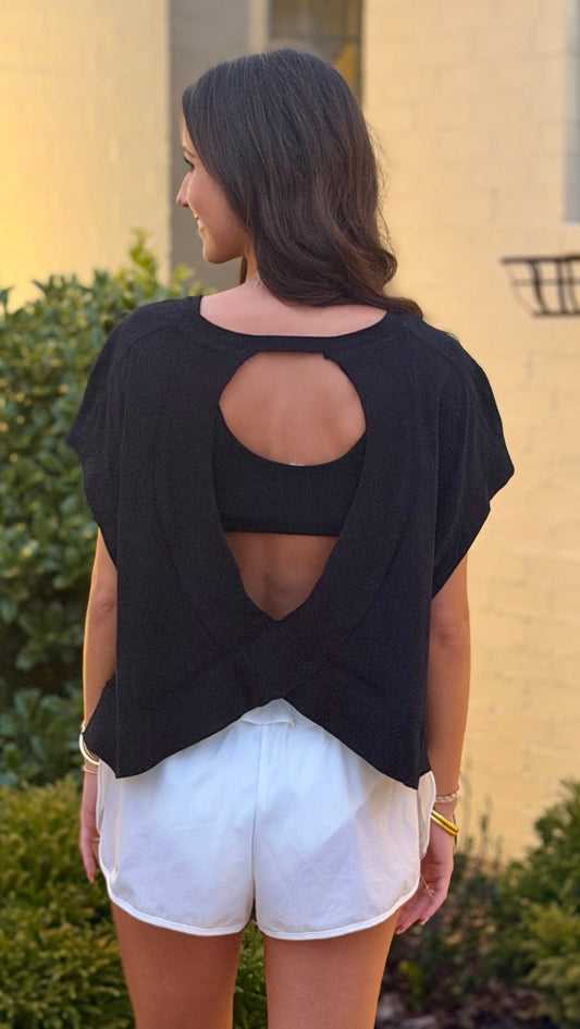 Black Cotton Slub Open Back Top