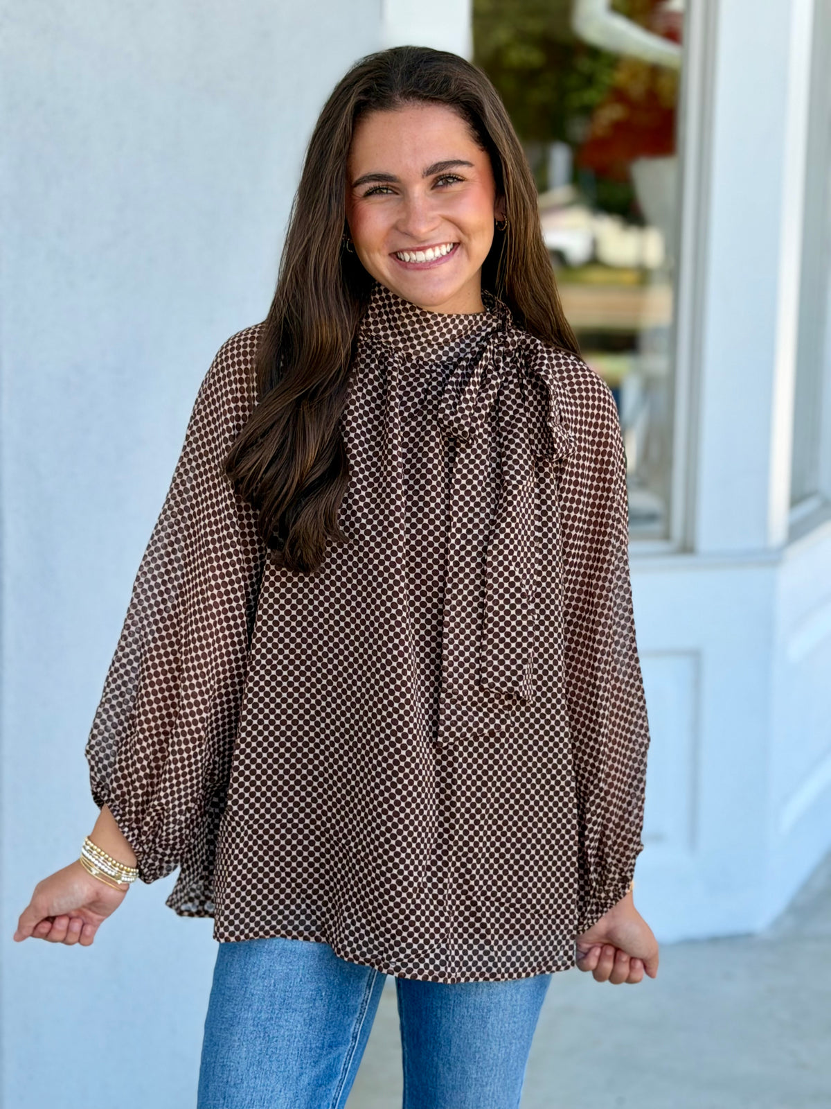 Brown Dot Print Tie Neck Long Sleeve Blouse