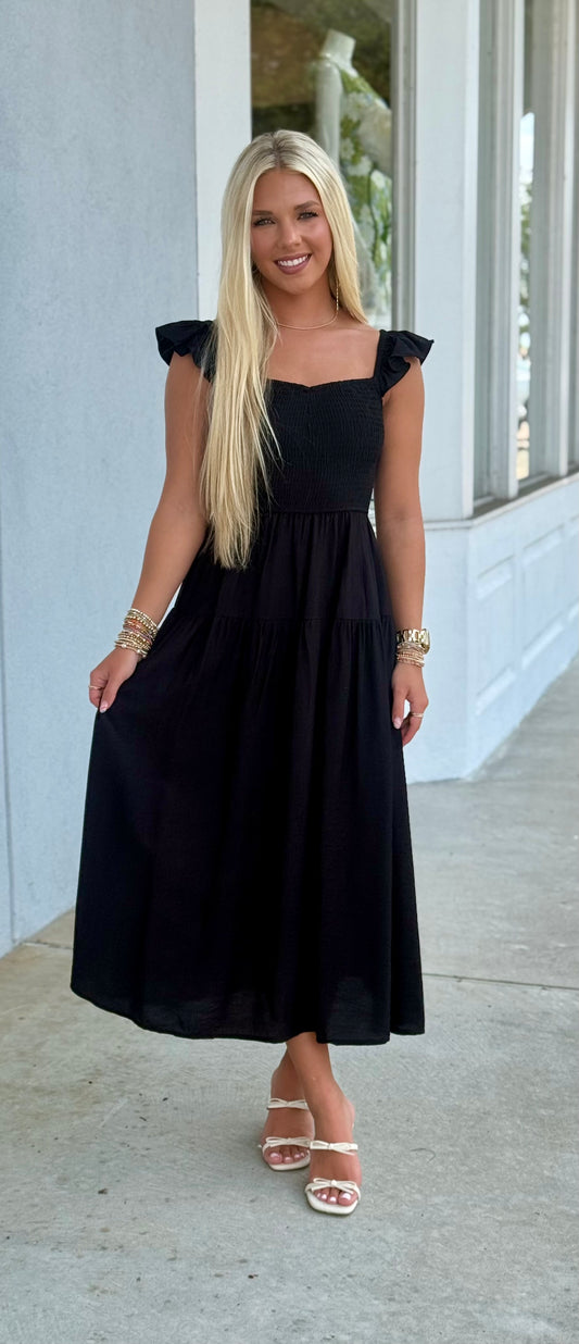 Smocked Ruffle Sleeve Midi Dress, Black