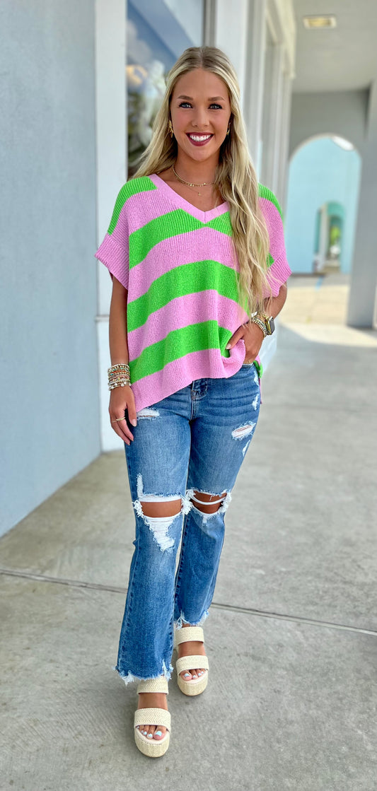 Pink/Green Striped V Neck Sweater