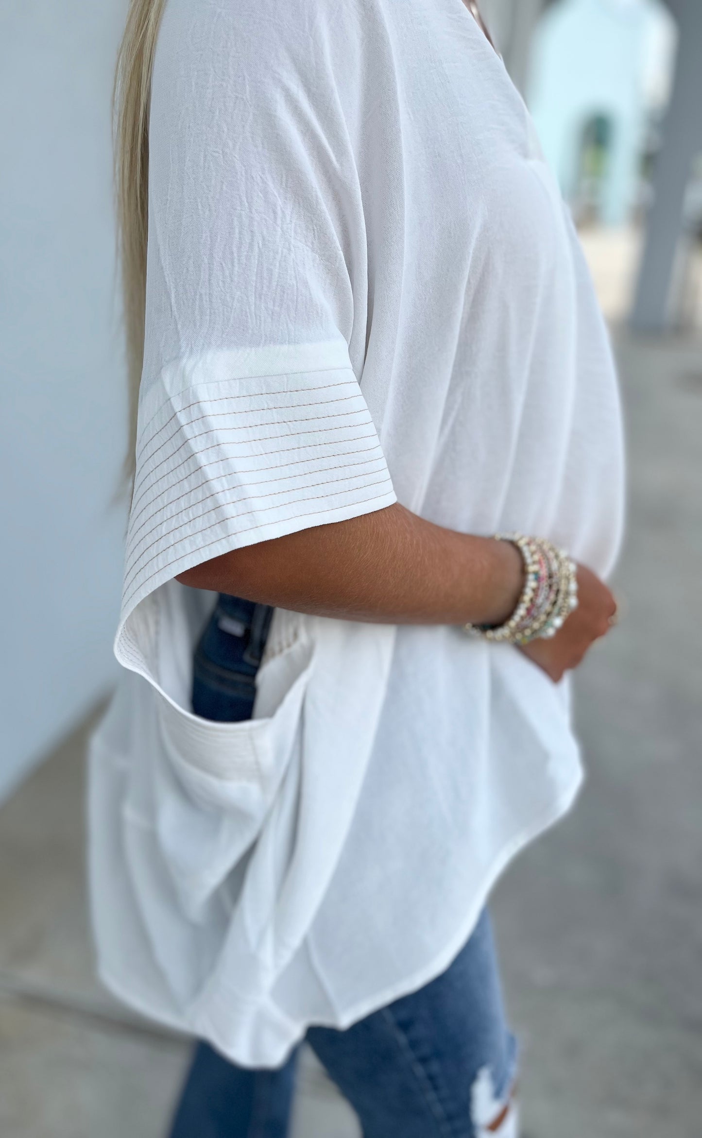 Relaxed Split Neck Boxy Top, White