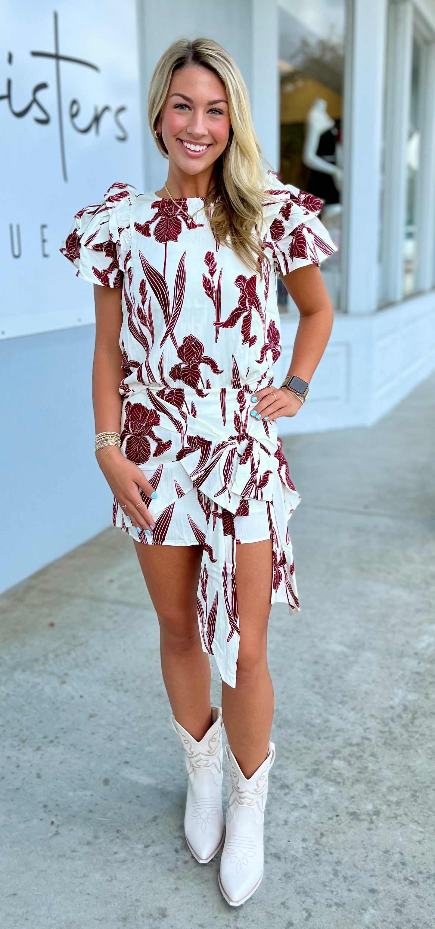 Burgundy Floral Ruffle Sleeve Top