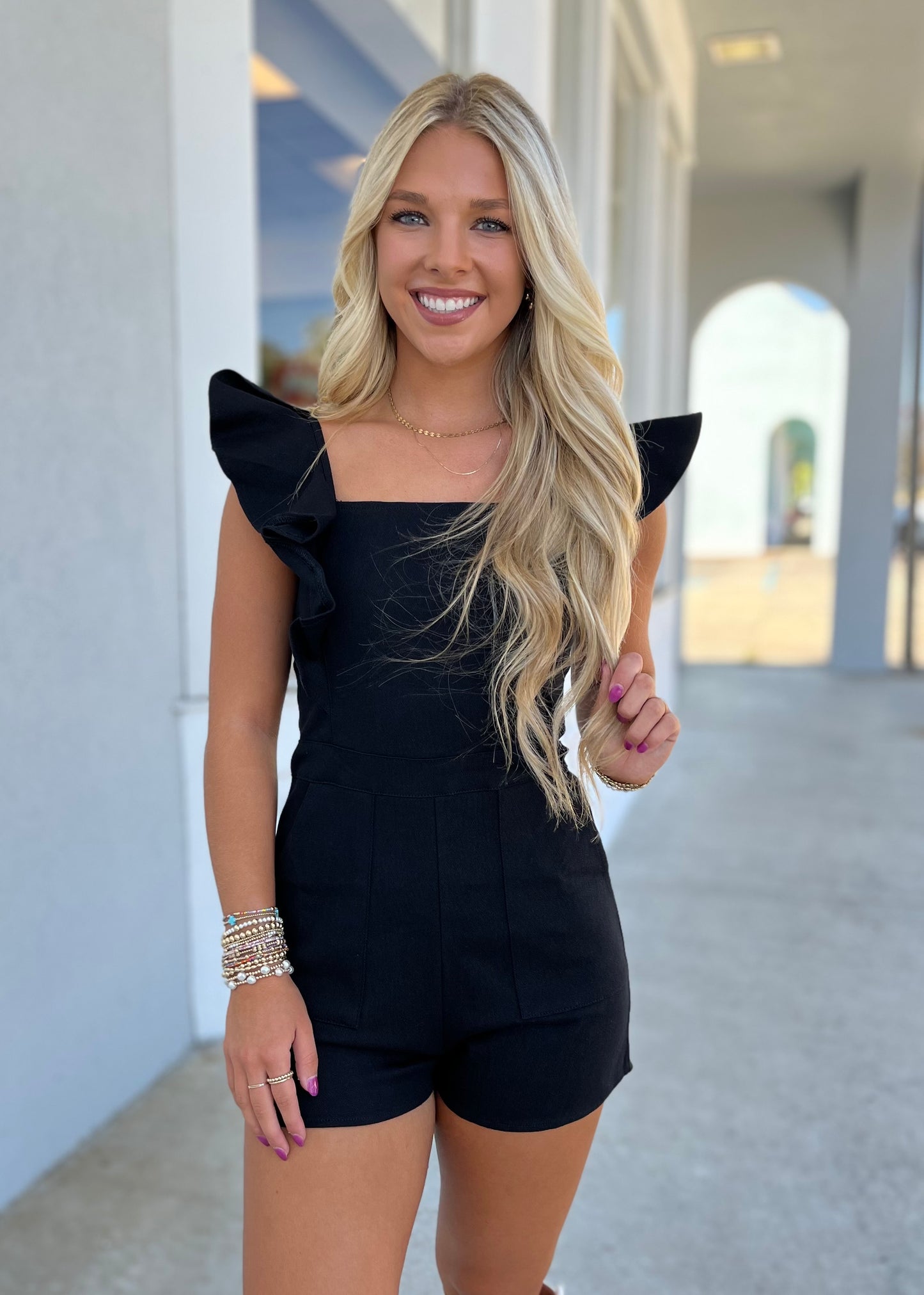 Black Denim Romper W Ruffle