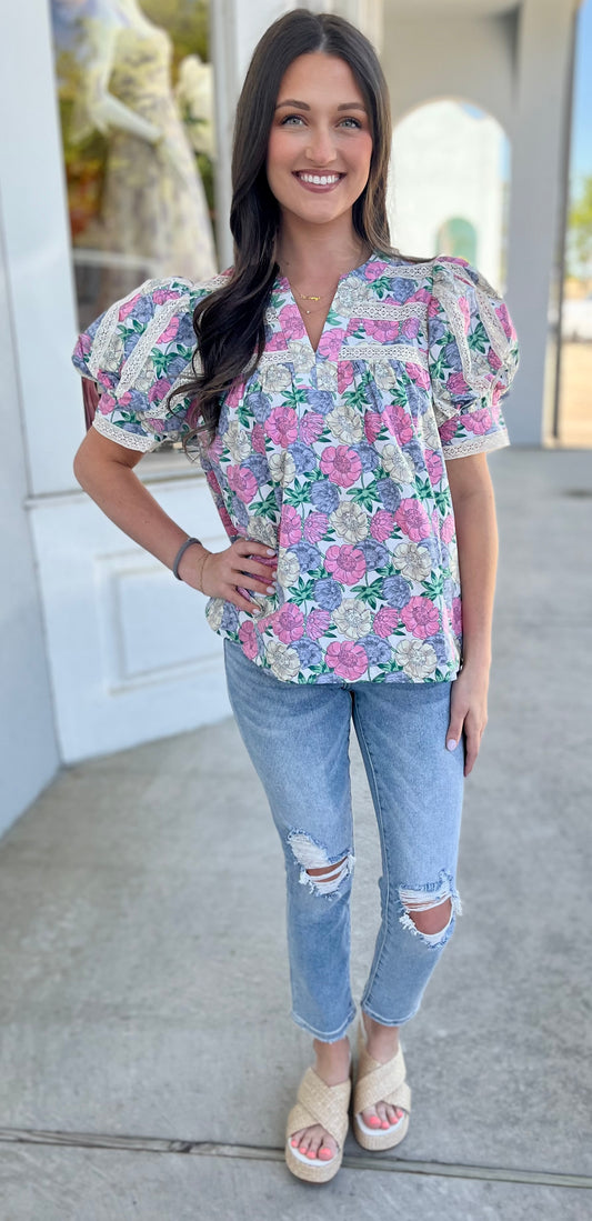 Floral Bubble Sleeve Lace Trim Top