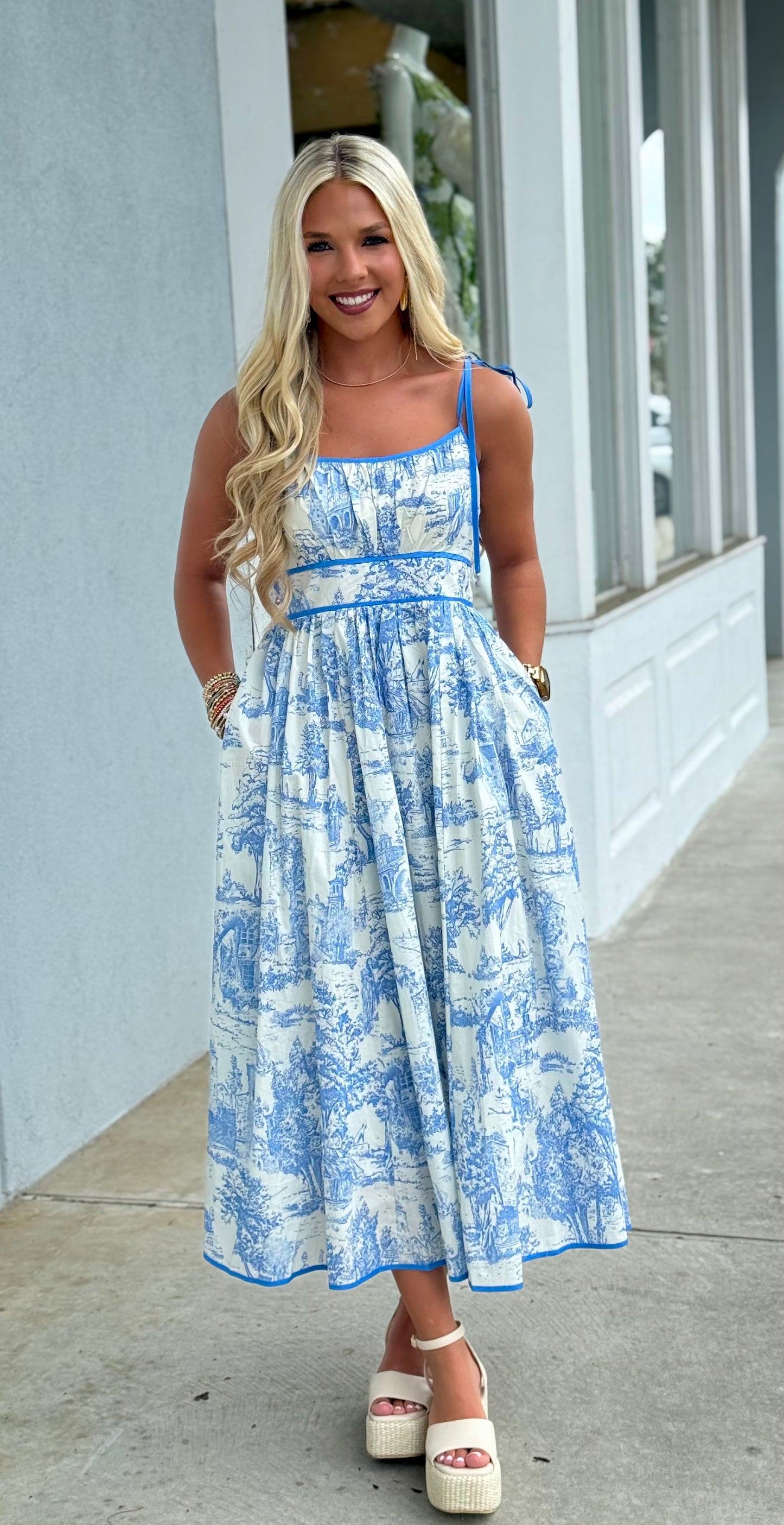 Blue Toile Cotton Sleeveless Midi Dress