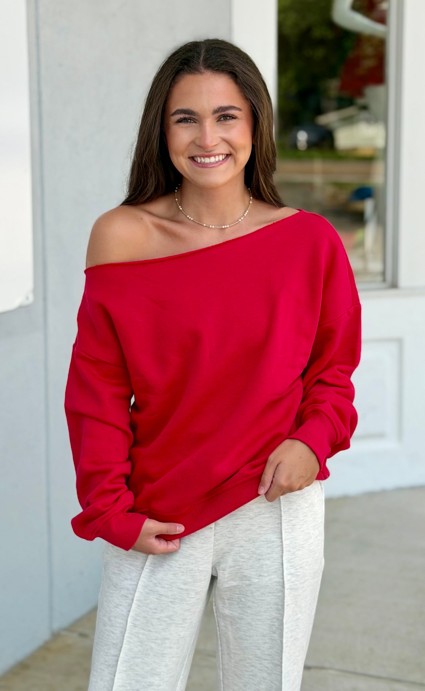 French Terry Fleece Off Shoulder Top, True Red