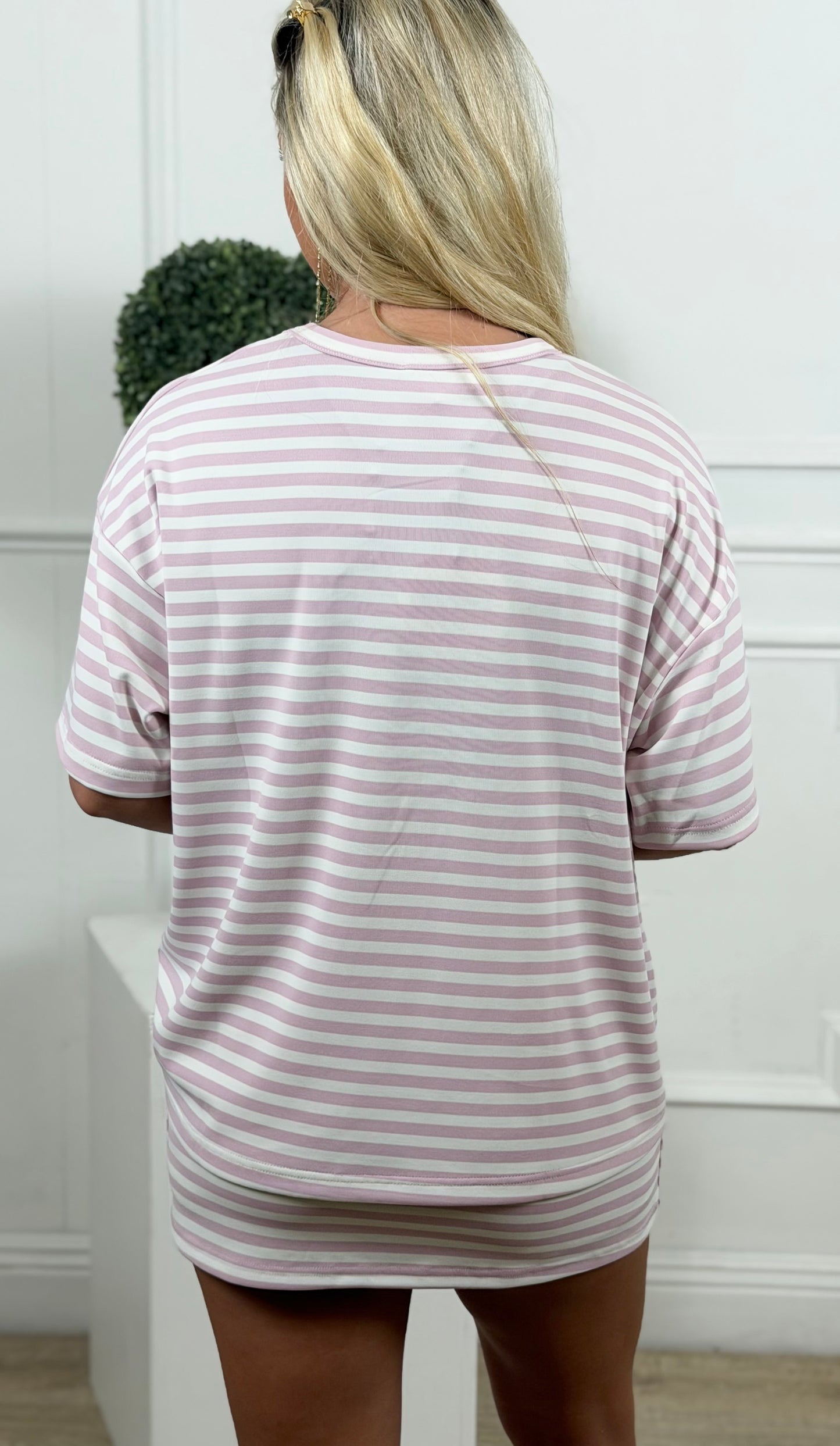 Lt Pink/White Striped Oversized Stripe Tee