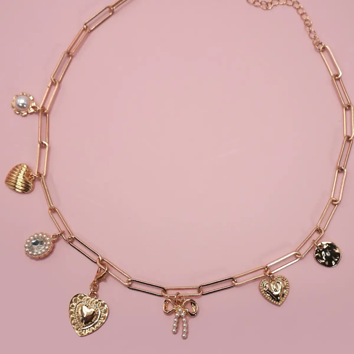 Charm Necklace-Bow Heart Pearl Link Chain