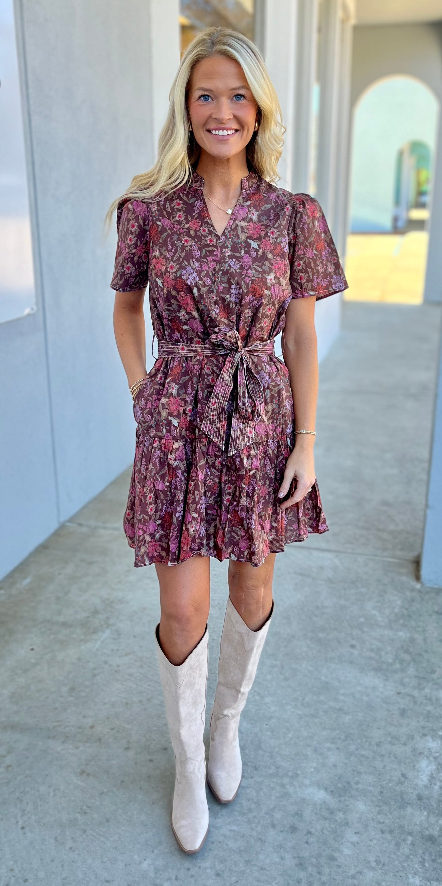 Brown Floral Print Waist Tie  V Neck Dress