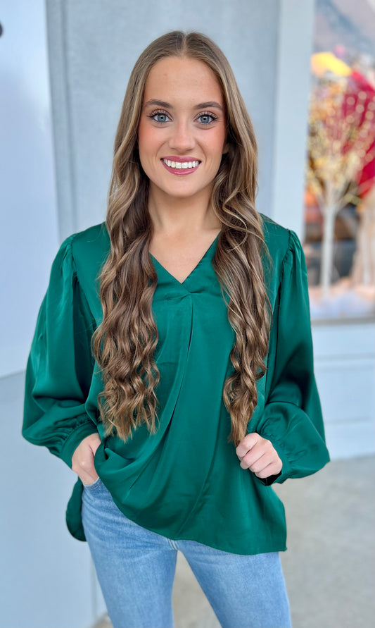 Satin Long Sleeve Top, Hunter Green