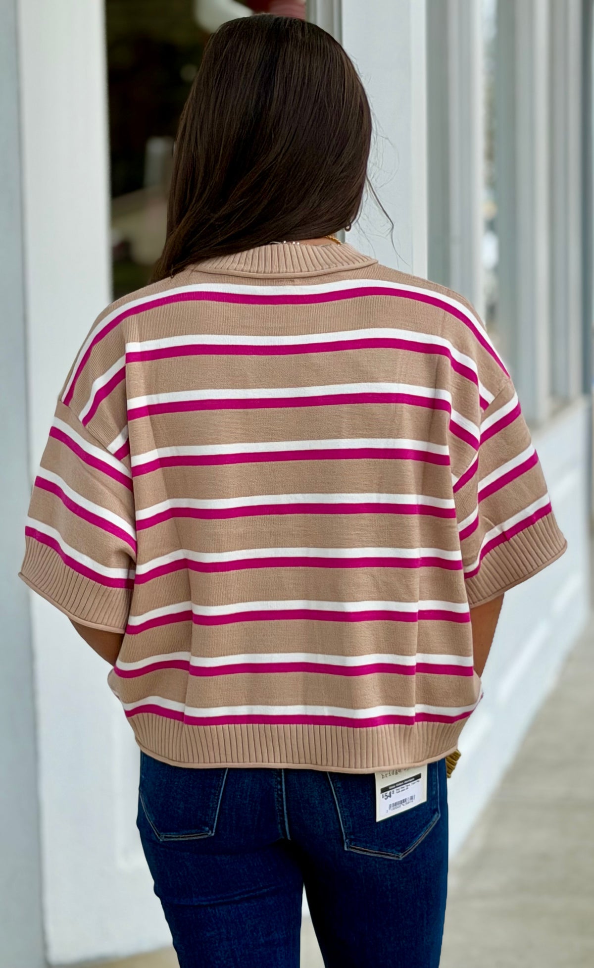 Beige Crew Neck Stripe Sweater