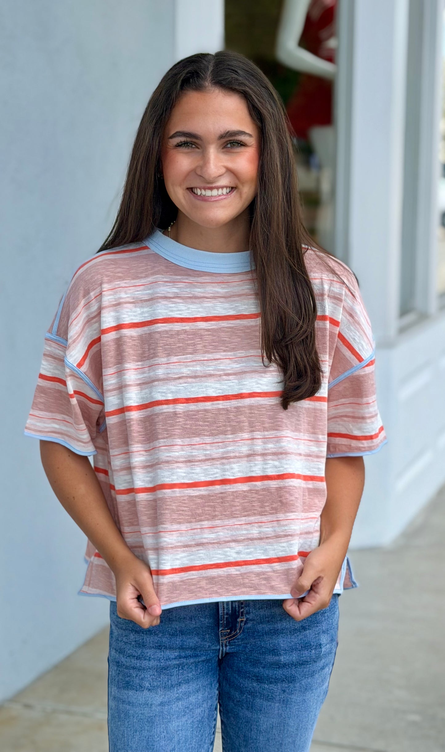 Coral Breeze Striped Boxy T Shirt