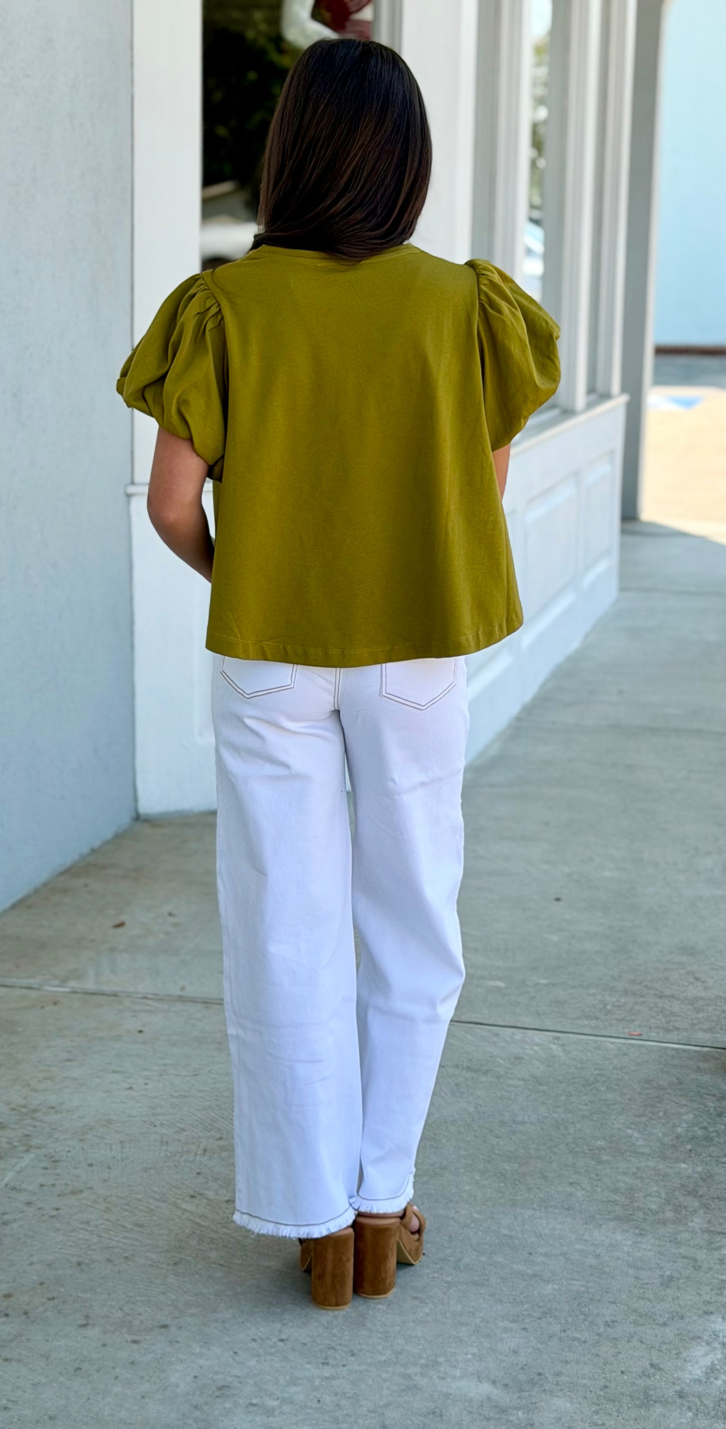 Martini Olive Casual Top w/Puff Sleeves