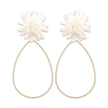 White Raffia Flower Teardrop Earrings