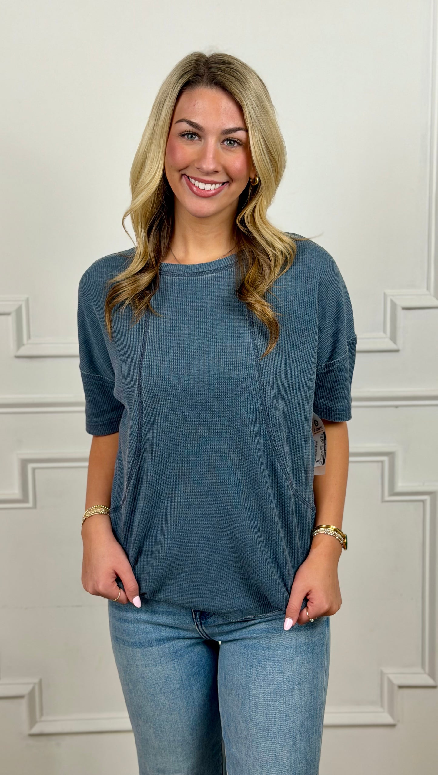 Cotton Blend Mineral Wash Waffle Top, Midnight Navy