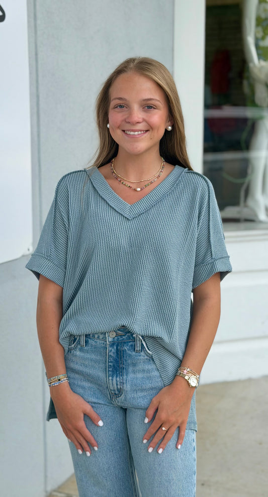 Raised Rib Hi Low V Neck Tee, Blue Grey